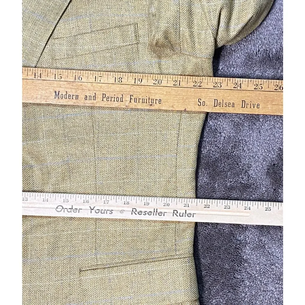 Lands' End Men 44 LONG 100% Silk Herringbone British Tan Aqua White Check Blazer
